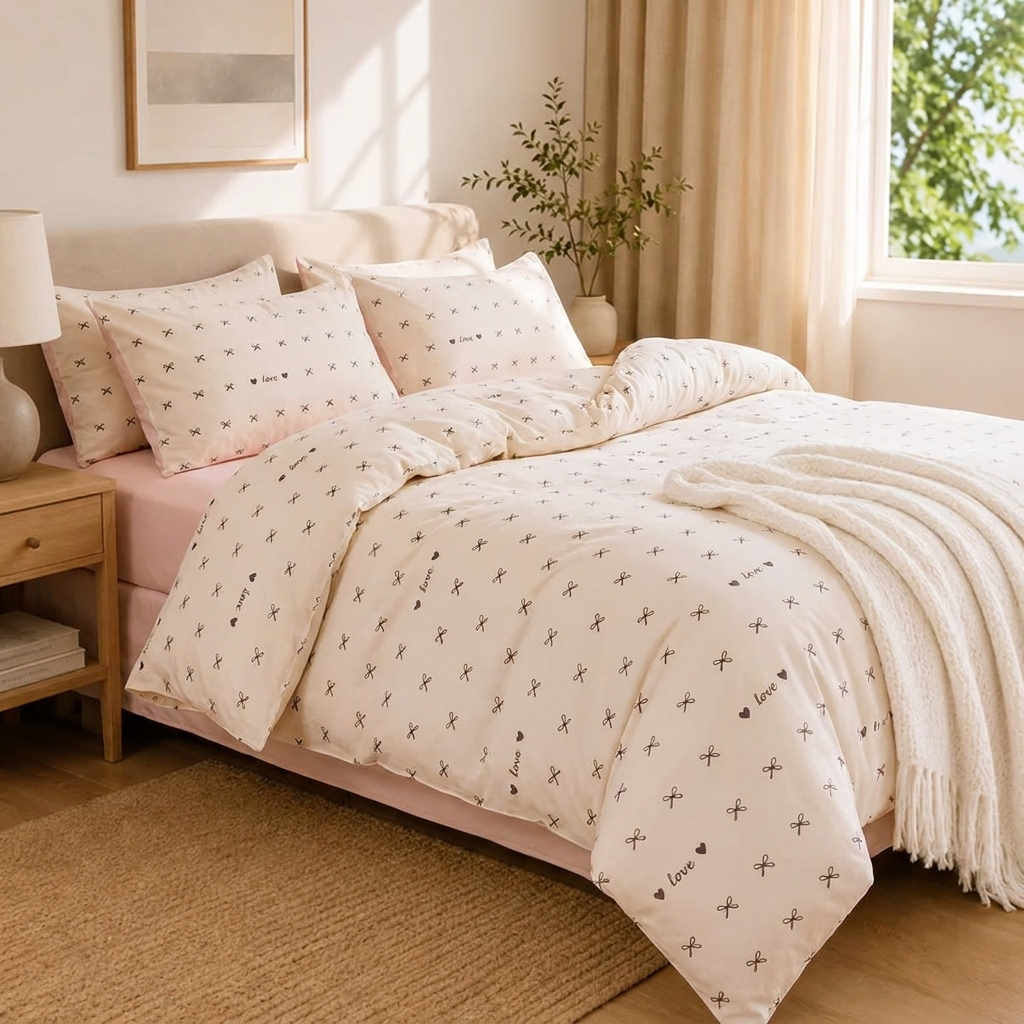 Mona Bettwäsche mit Schleifen 200x200cm – Rosa 4-teiliges Set mit Herzen