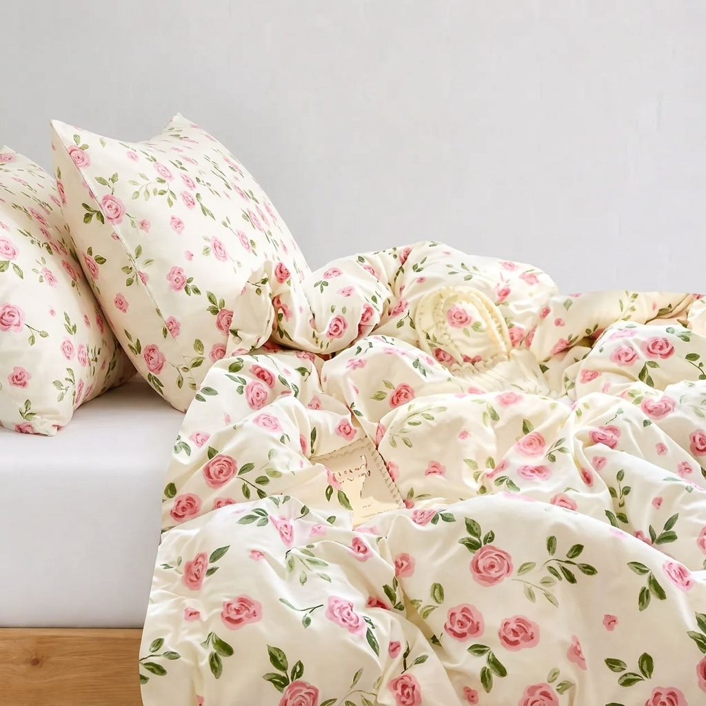 Vivi Bettwäsche mit Rosen 200x200cm – Rosa 4-teiliges Set, Shabby Chic
