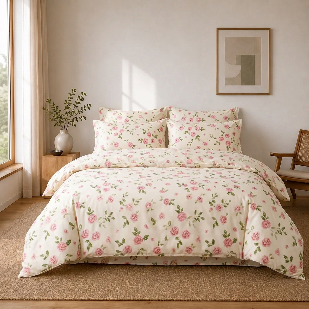 Vivi Bettwäsche mit Rosen 200x200cm – Rosa 4-teiliges Set, Shabby Chic