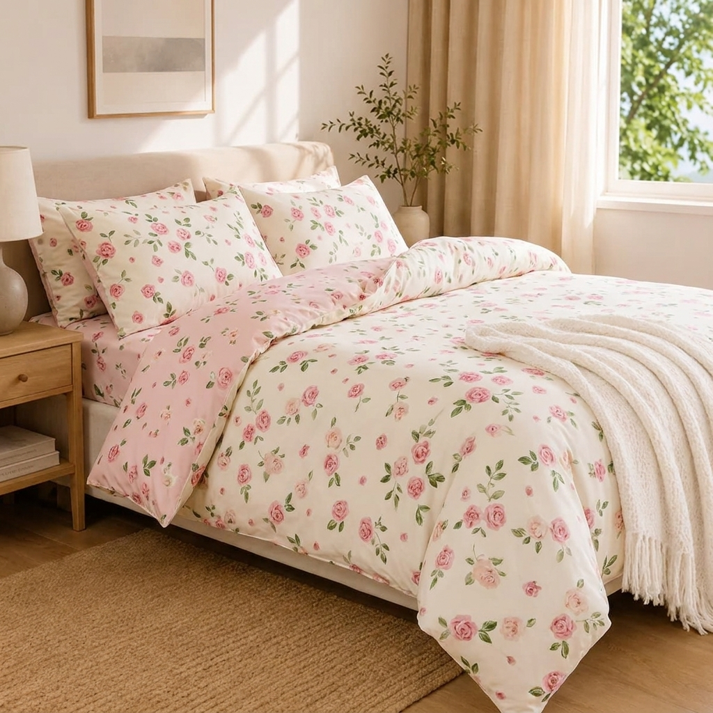 Vivi Bettwäsche mit Rosen 200x200cm – Rosa 4-teiliges Set, Shabby Chic
