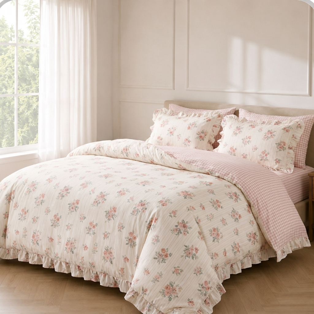 Colette Bettwäsche mit Rüschen 220x240cm – Rosa Rosenmuster, 100% Baumwolle