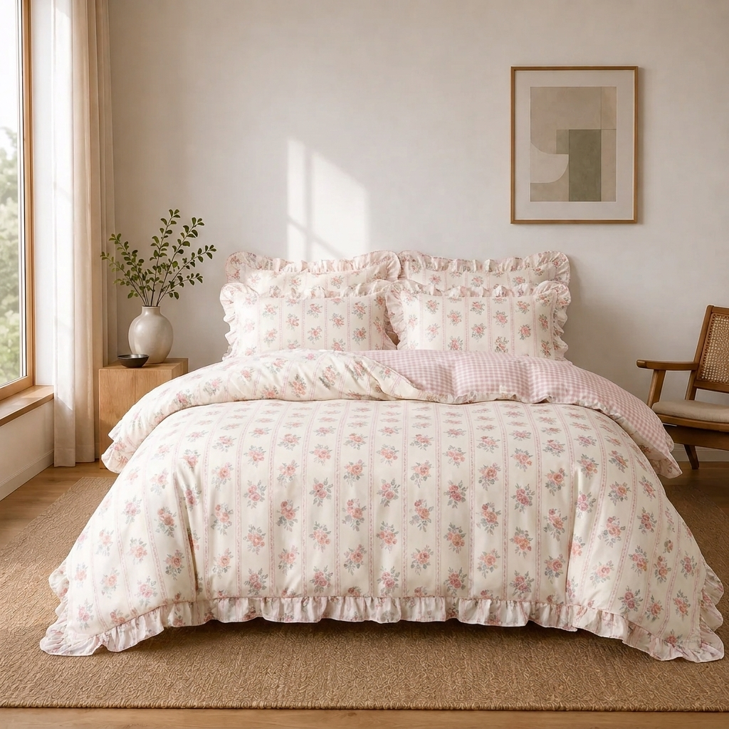 Colette Bettwäsche mit Rüschen 220x240cm – Rosa Rosenmuster, 100% Baumwolle