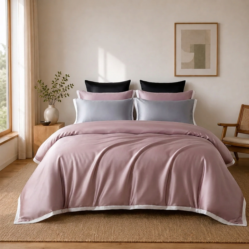 Delia Bettwäsche Eukalyptus Lyocell 200x200cm – Rosa Satin-Bettwäsche, 4-teilig