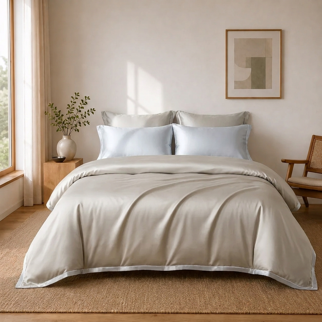 Nera Bettwäsche Eukalyptus Lyocell 200x200cm – Creme Satin-Bettwäsche, 4-teilig