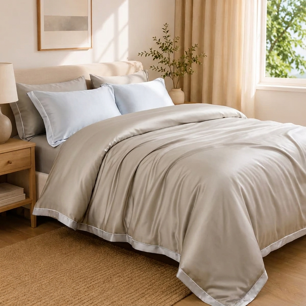 Nera Bettwäsche Eukalyptus Lyocell 200x200cm – Creme Satin-Bettwäsche, 4-teilig
