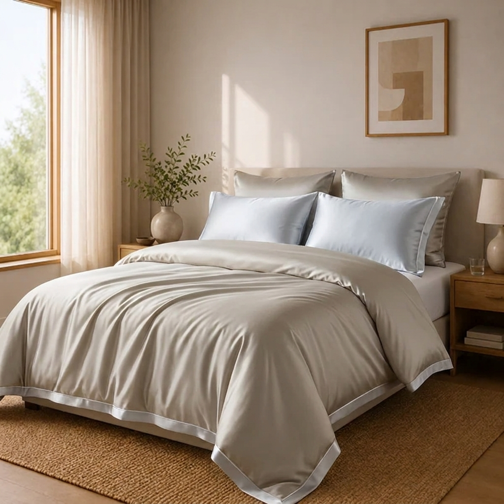 Nera Bettwäsche Eukalyptus Lyocell 200x200cm – Creme Satin-Bettwäsche, 4-teilig