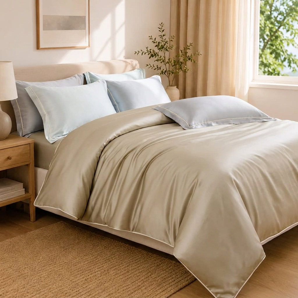 Freja Bettwäsche Eukalyptus Lyocell 200x200cm – Gold Satin-Bettwäsche, 4-teilig