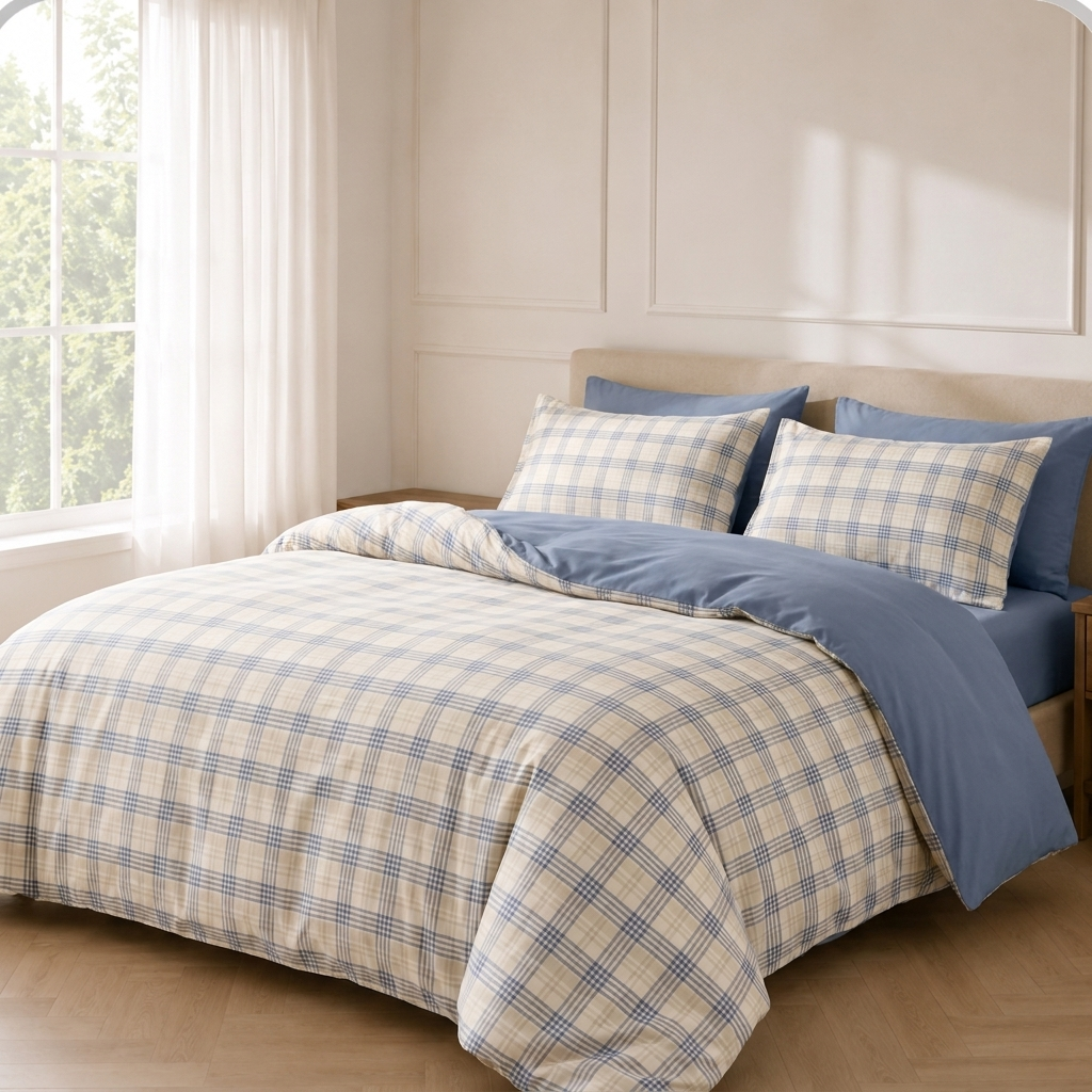 Aki Bettwäsche Kariert 200x200cm – Blaues Tartan-Karo im japanischen Stil