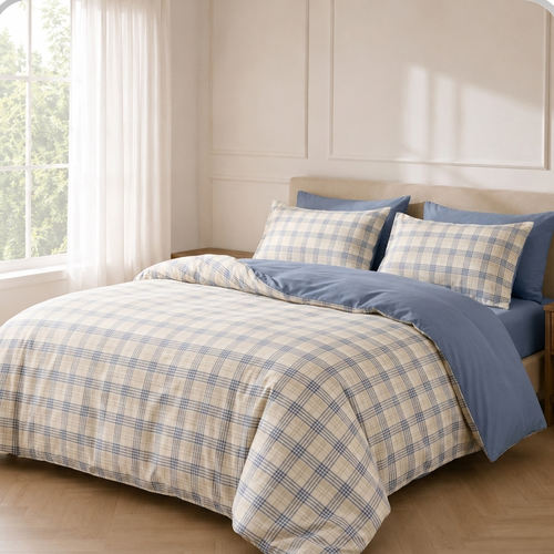 Aki Bettwäsche Kariert 200x200cm – Blaues Tartan-Karo im japanischen Stil
