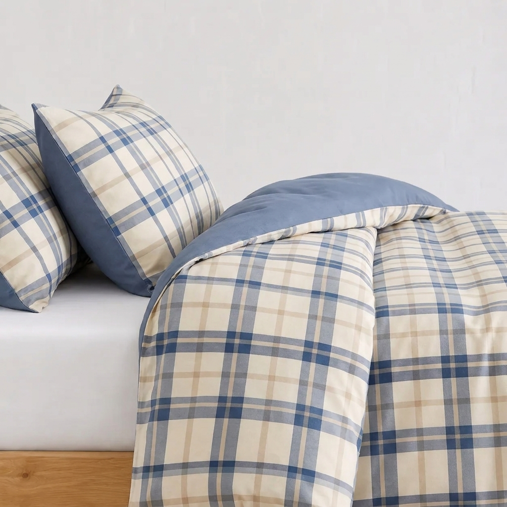 Aki Bettwäsche Kariert 200x200cm – Blaues Tartan-Karo im japanischen Stil