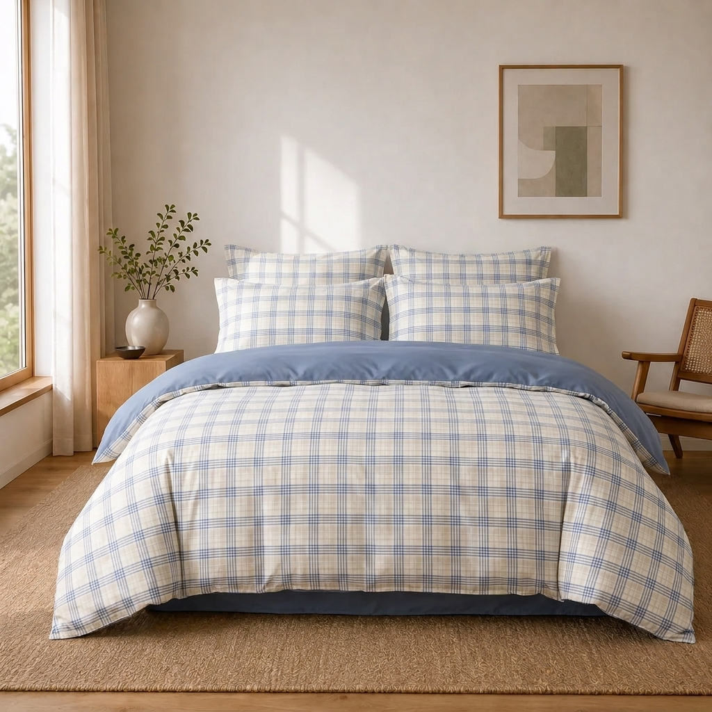 Aki Bettwäsche Kariert 200x200cm – Blaues Tartan-Karo im japanischen Stil
