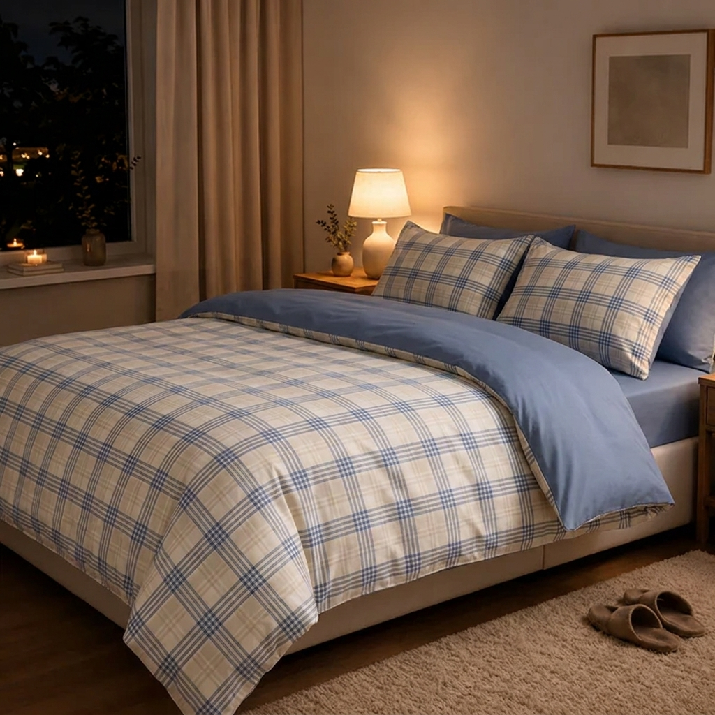 Aki Bettwäsche Kariert 200x200cm – Blaues Tartan-Karo im japanischen Stil