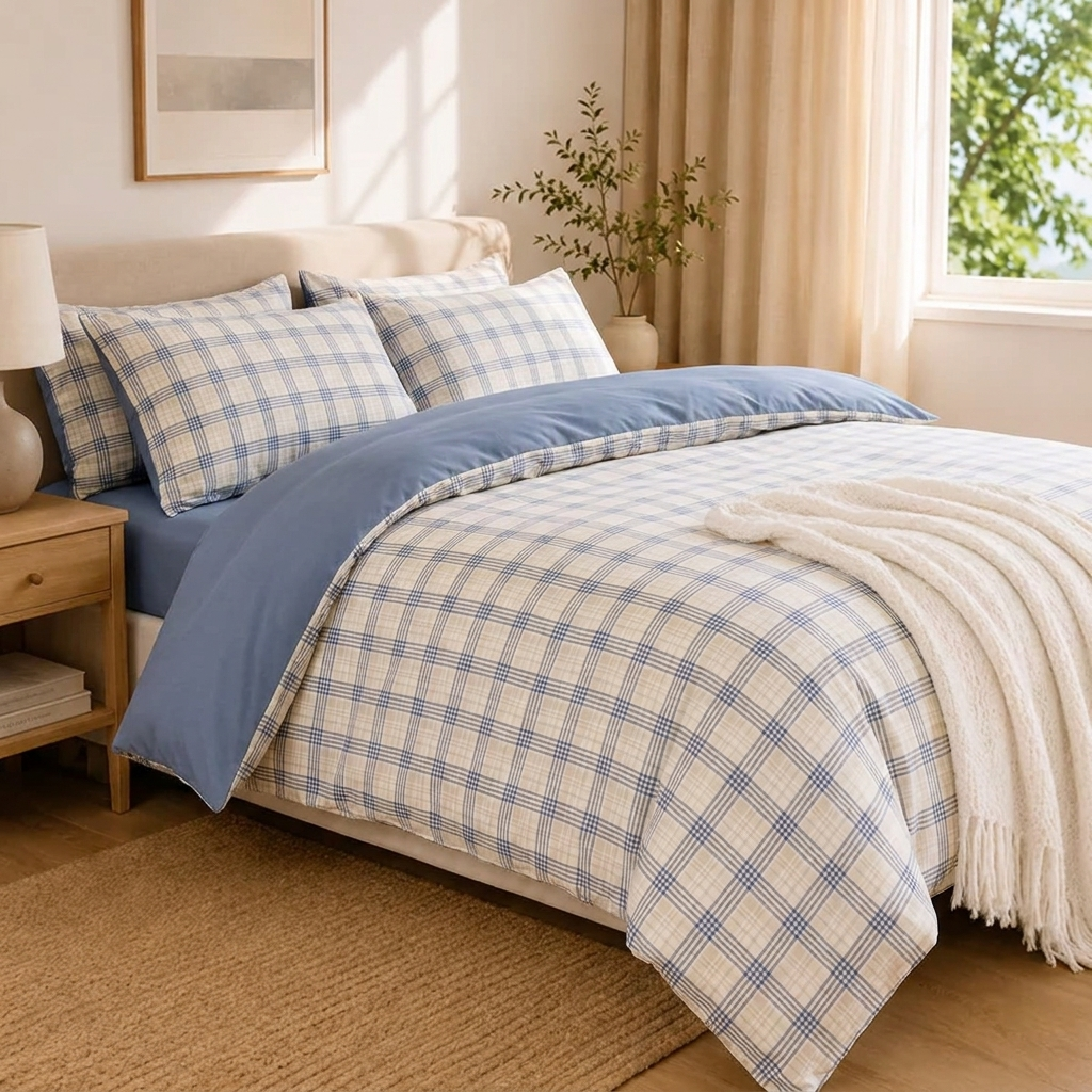 Aki Bettwäsche Kariert 200x200cm – Blaues Tartan-Karo im japanischen Stil