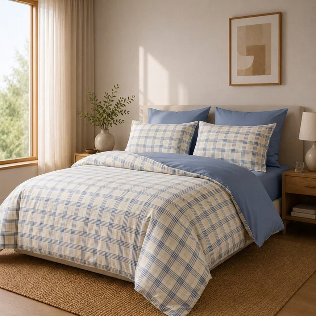 Aki Bettwäsche Kariert 200x200cm – Blaues Tartan-Karo im japanischen Stil