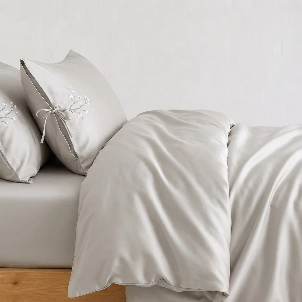 Mara Bettwäsche Uni Satin Taupe 200x220 cm – Szene 3