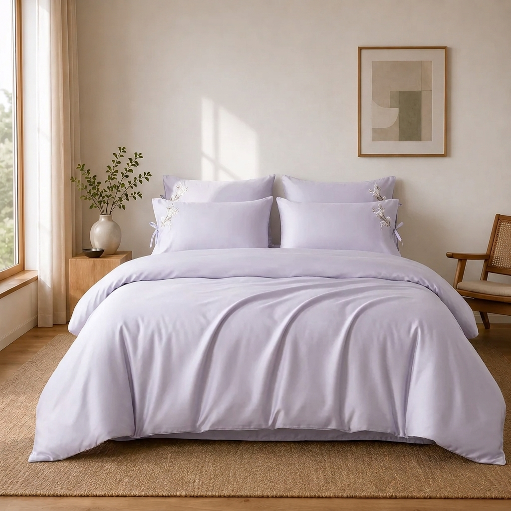 Luna Bettwäsche Uni Satin Flieder 200x220 cm – Szene 4