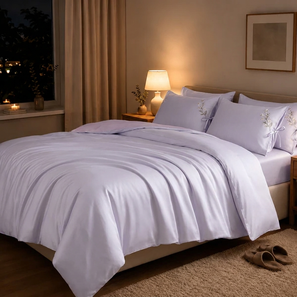 Luna Bettwäsche Uni Satin Flieder 200x220 cm – Szene 5
