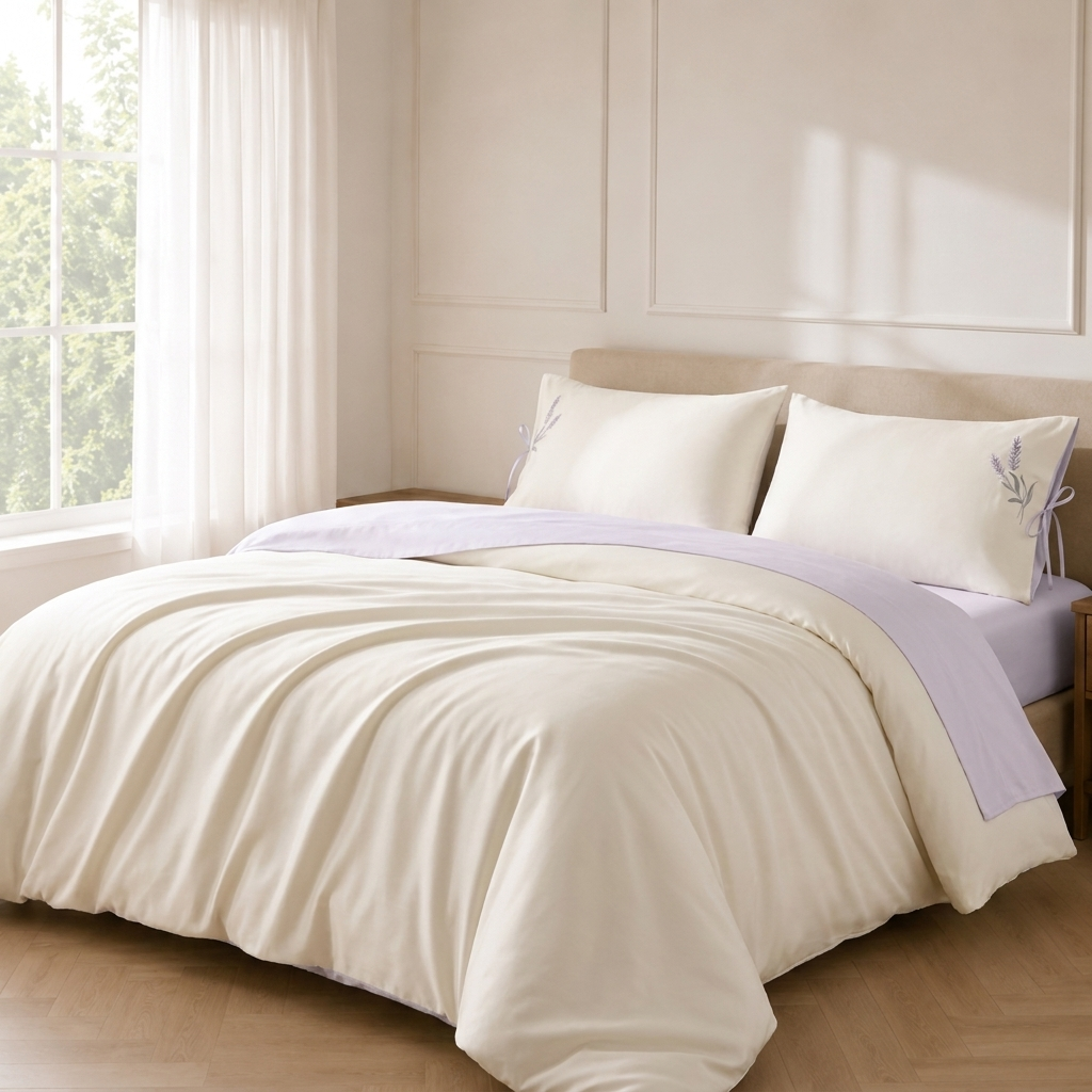 Lyra Bettwäsche Satin Creme-Flieder 200x220 cm – Szene 2