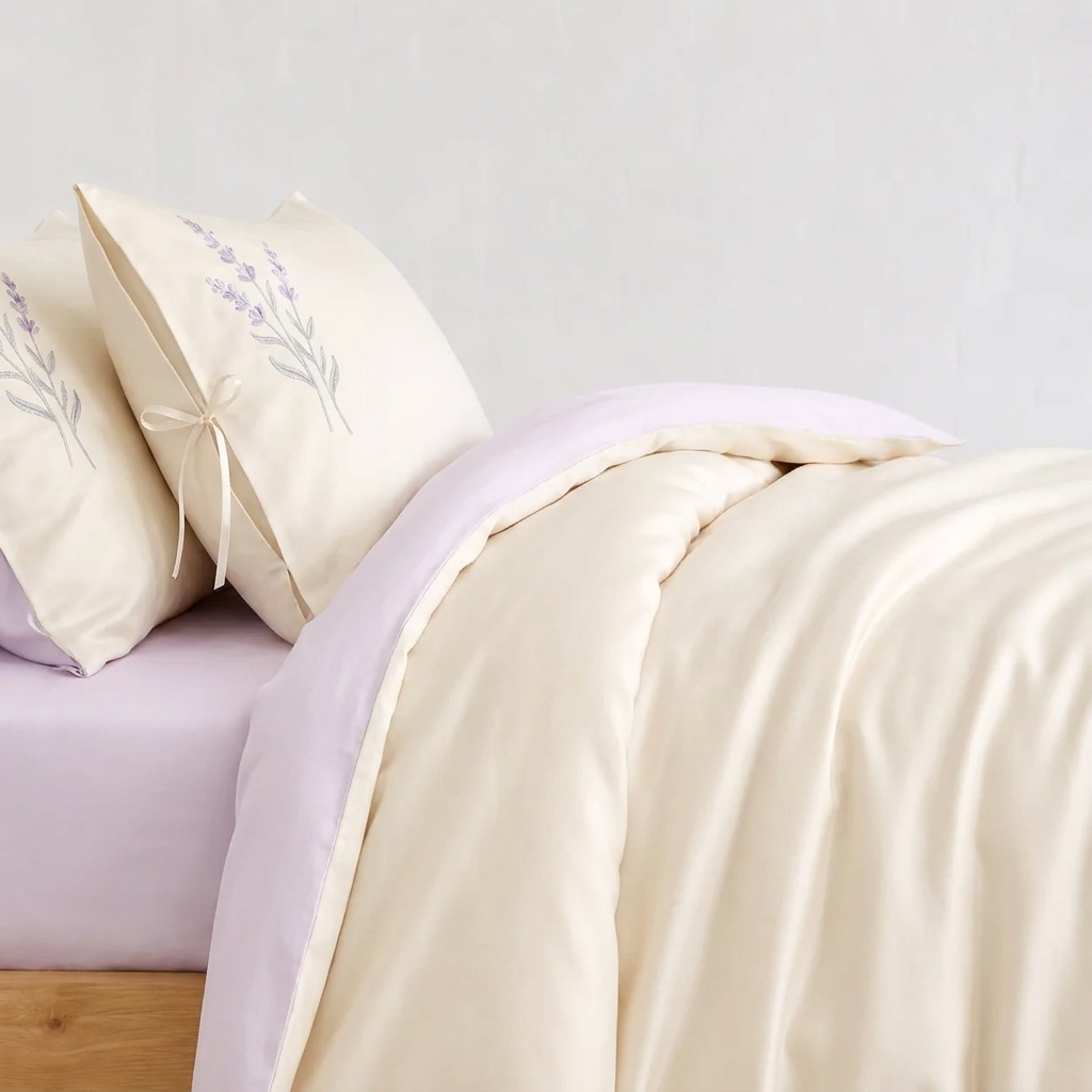 Lyra Bettwäsche Satin Creme-Flieder 200x220 cm – Szene 3