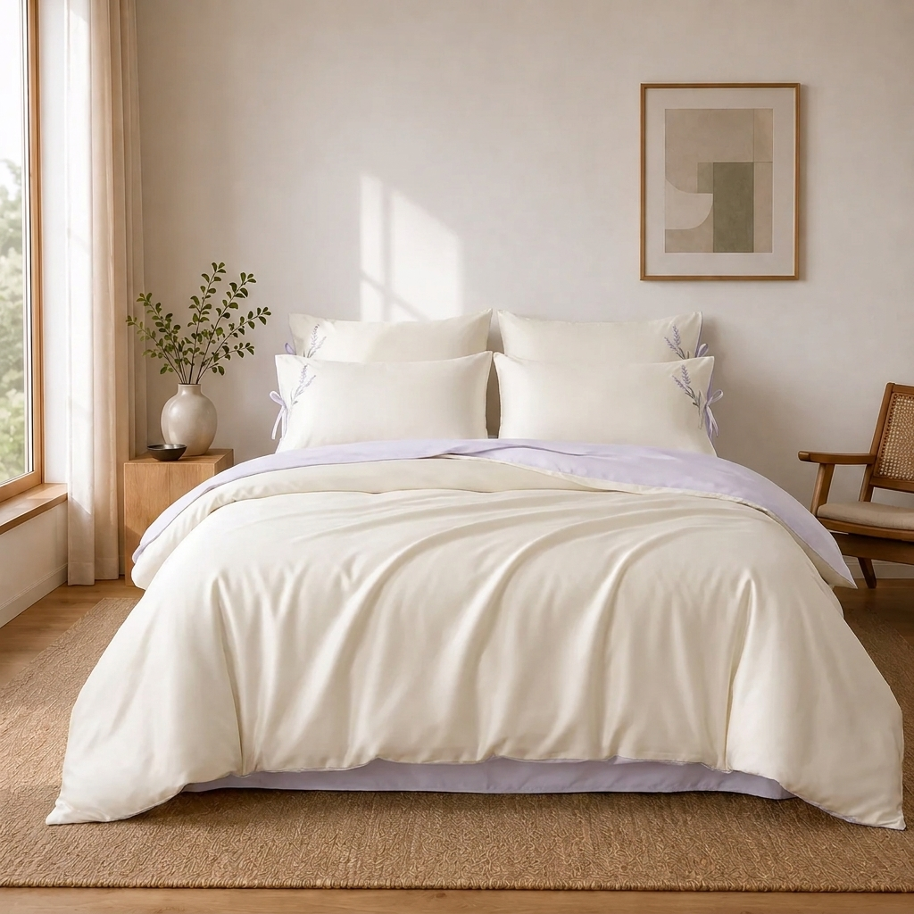 Lyra Bettwäsche Satin Creme-Flieder 200x220 cm – Szene 4