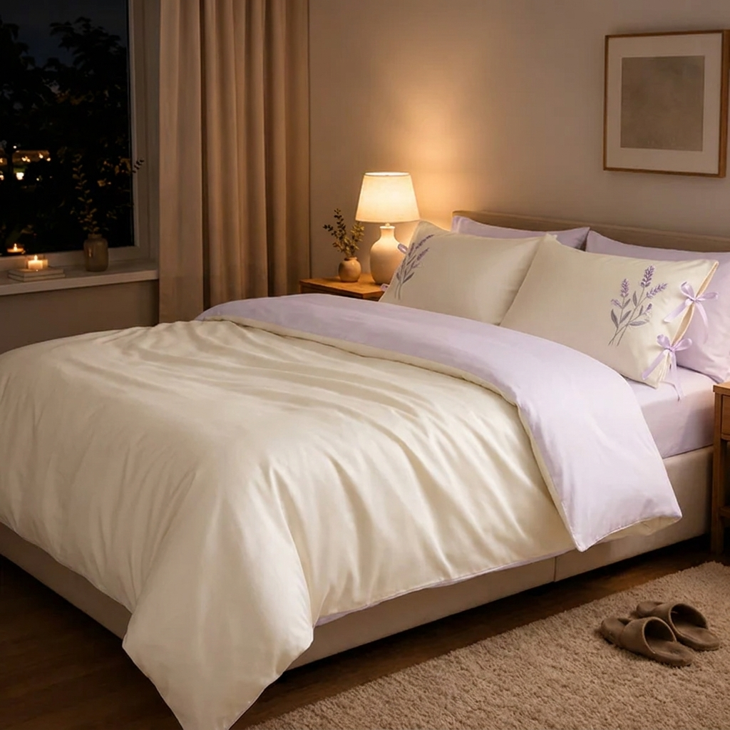 Lyra Bettwäsche Satin Creme-Flieder 200x220 cm – Szene 5
