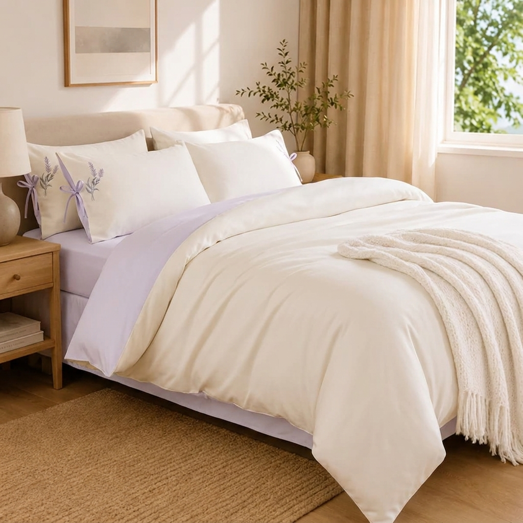 Lyra Bettwäsche Satin Creme-Flieder 200x220 cm – Szene 6