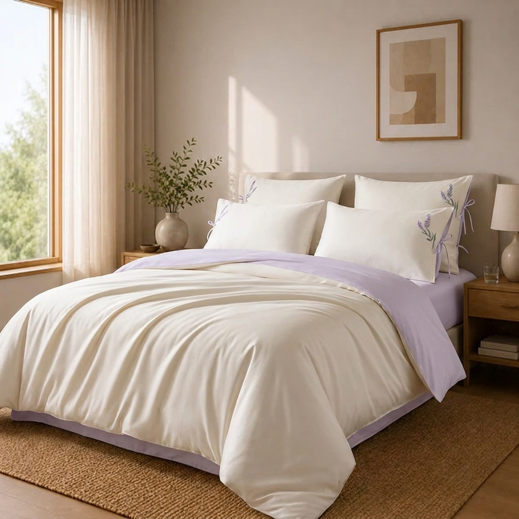 Lyra Bettwäsche Satin Creme-Flieder 200x220 cm – Szene 7