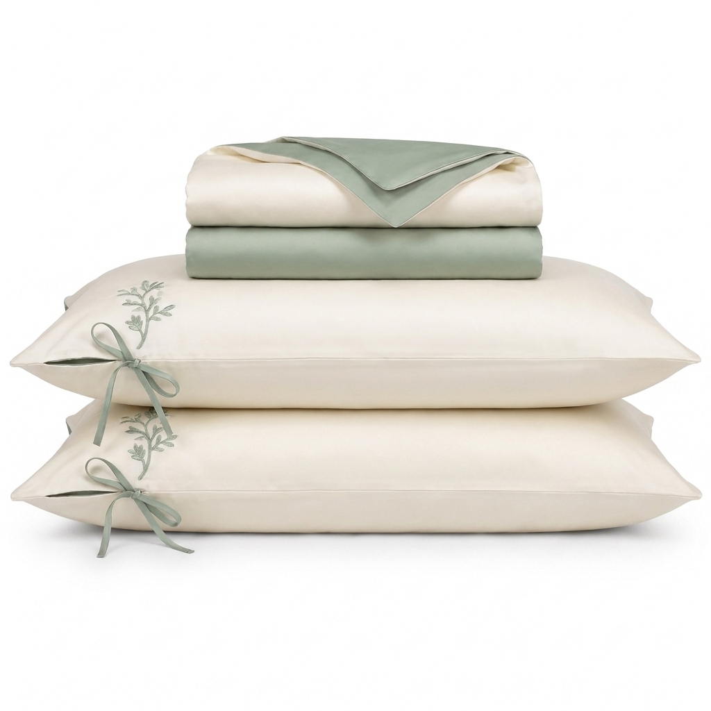 Vega Bettwäsche Satin Creme-Salbeigrün 200x220 cm – Szene 1