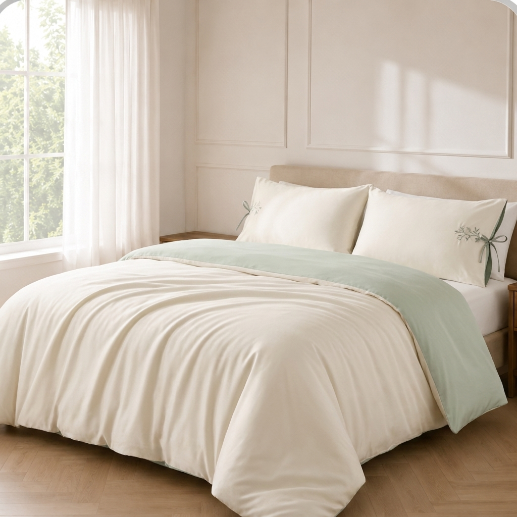 Vega Bettwäsche Satin Creme-Salbeigrün 200x220 cm – Szene 2