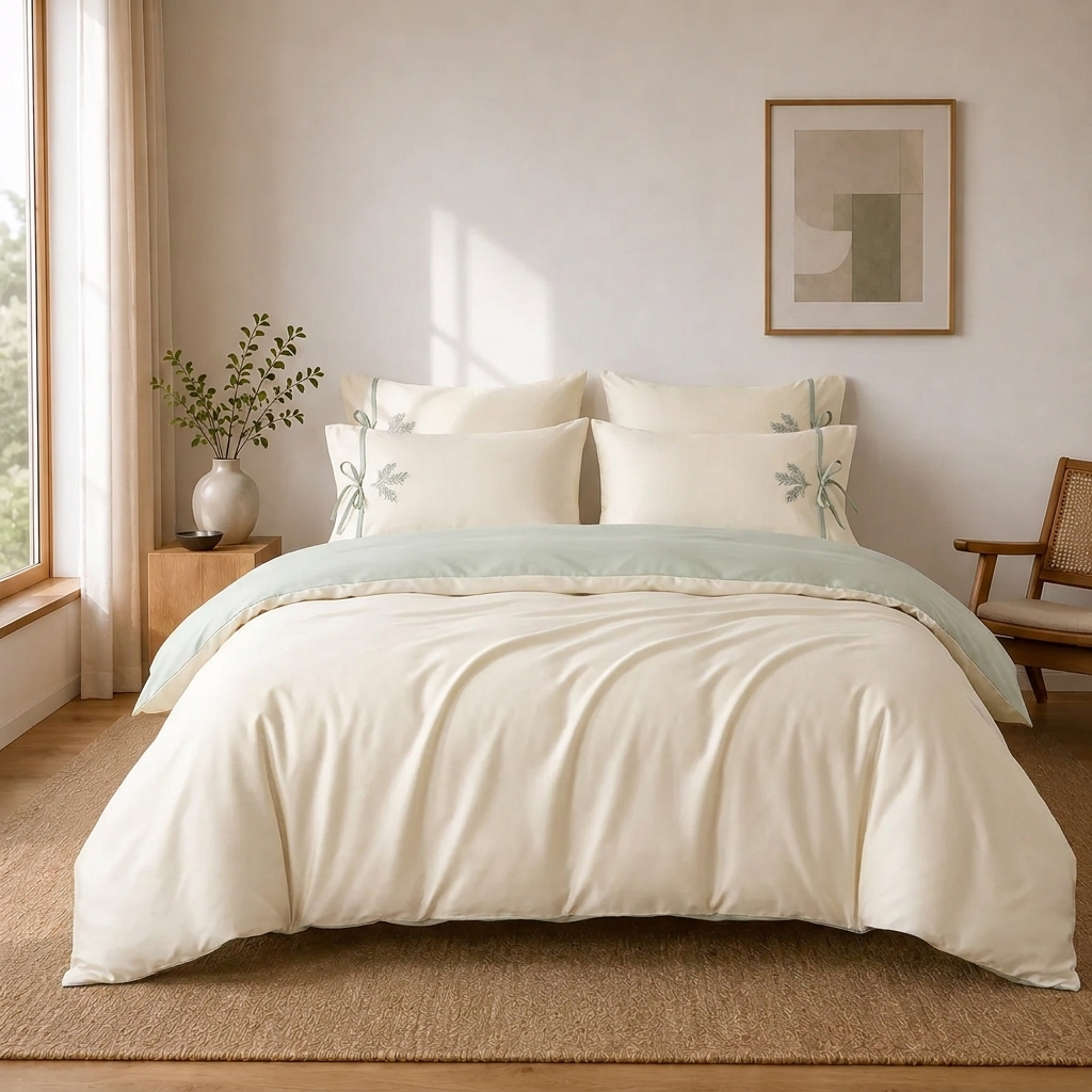 Vega Bettwäsche Satin Creme-Salbeigrün 200x220 cm – Szene 4