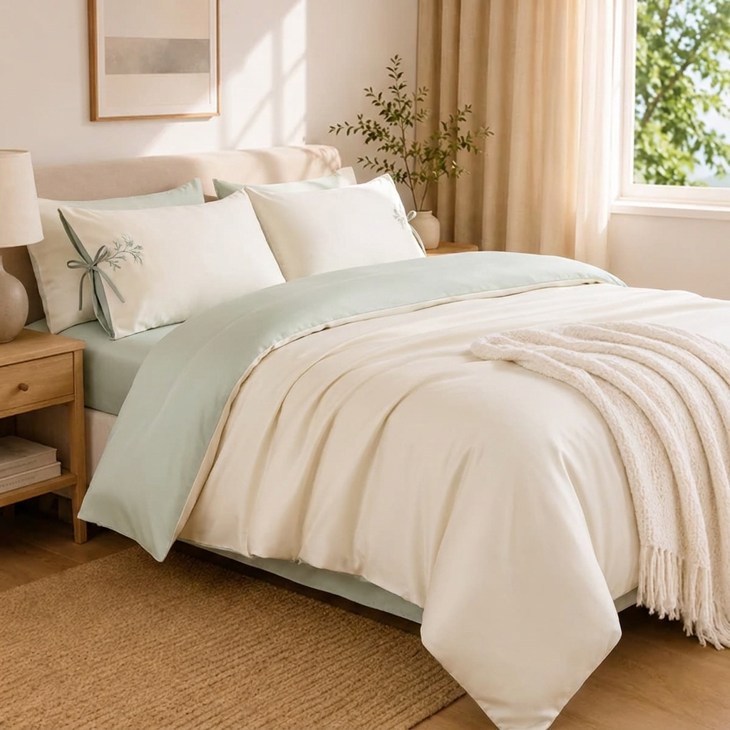 Vega Bettwäsche Satin Creme-Salbeigrün 200x220 cm – Szene 6