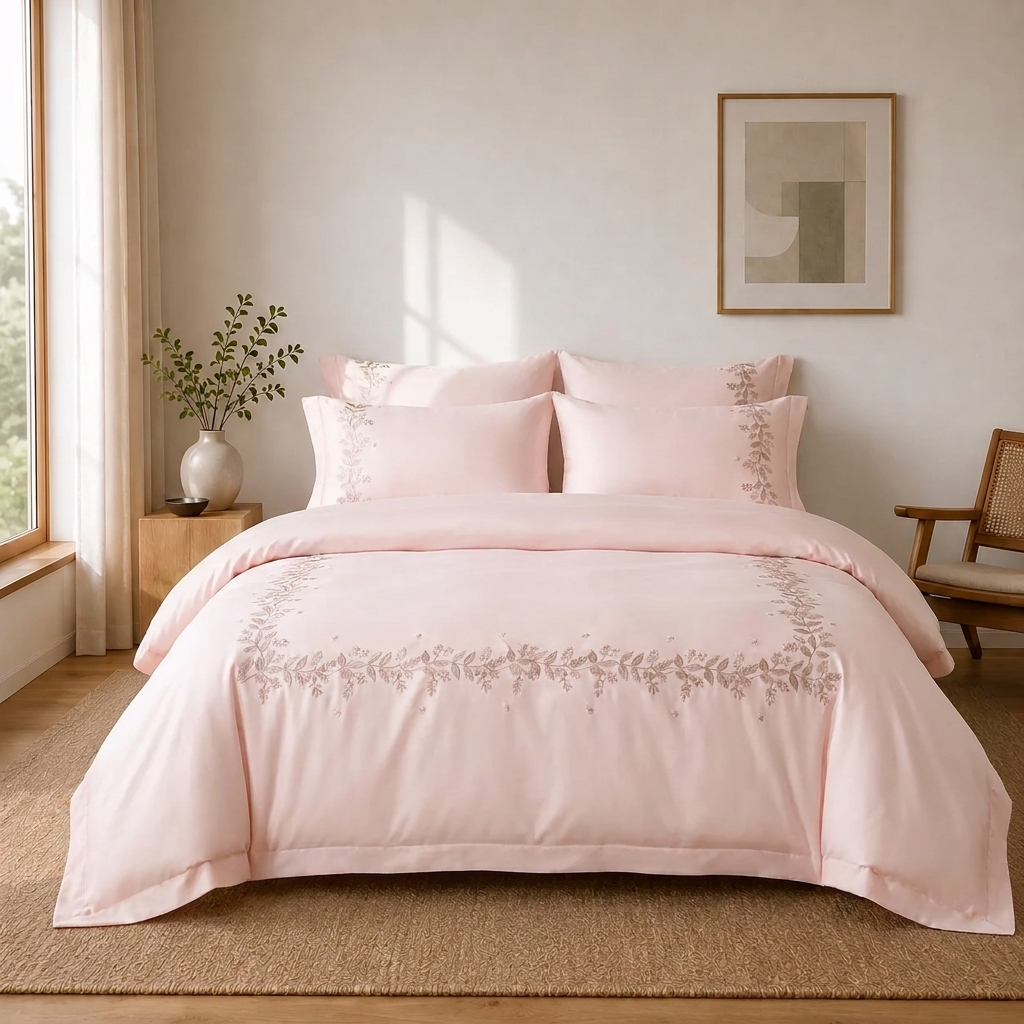 Amelie Bettwäsche Blattstickerei Rosa 200x220 cm – Szene 4