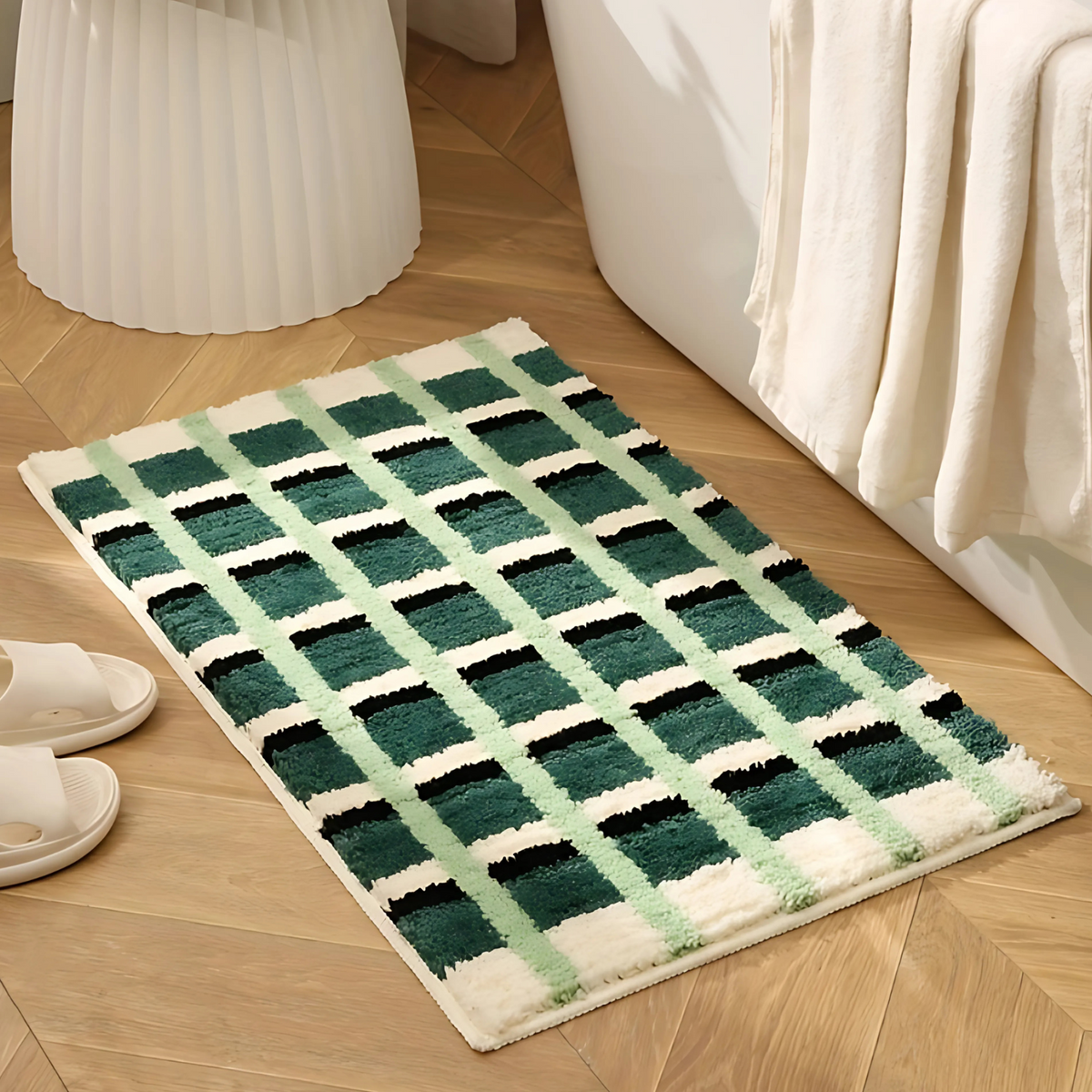 Moss Green Geometric Bath Mat – Soft Flocked Non-Slip Bathroom Mat